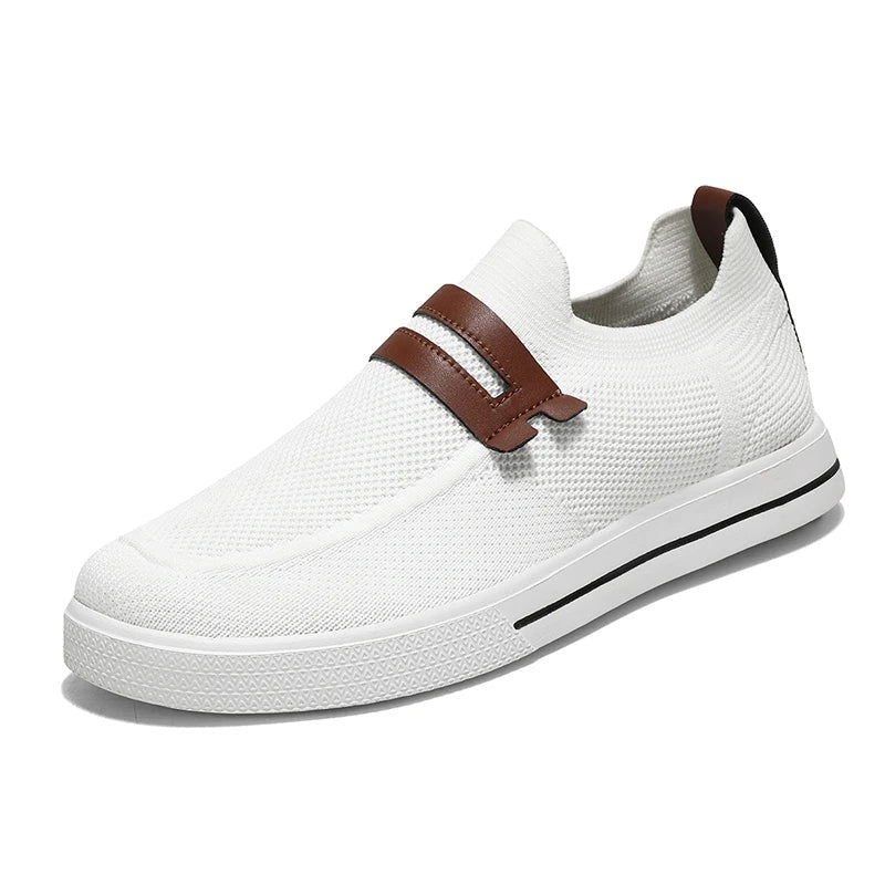 Gebreide instapsneakers voor heren met dubbel bandje in leerlook over de wreef - wit