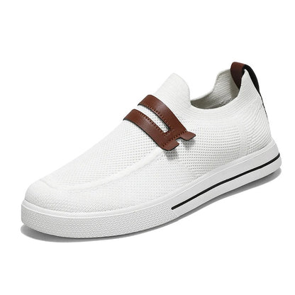 Gebreide instapsneakers voor heren met dubbel bandje in leerlook over de wreef - wit
