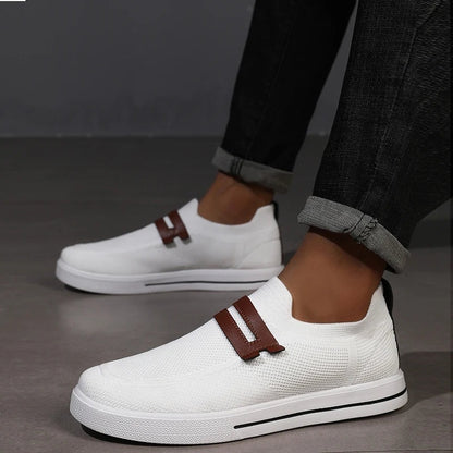 Gebreide instapsneakers voor heren met dubbel bandje in leerlook over de wreef - beeld 4