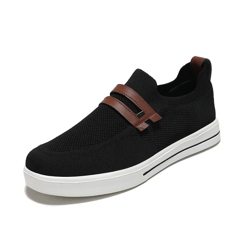 Gebreide instapsneakers voor heren met dubbel bandje in leerlook over de wreef - zwart