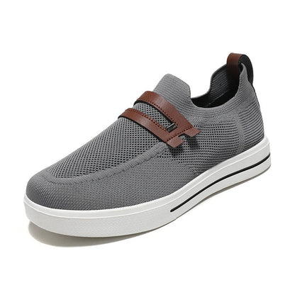 Gebreide instapsneakers voor heren met dubbel bandje in leerlook over de wreef - grijs