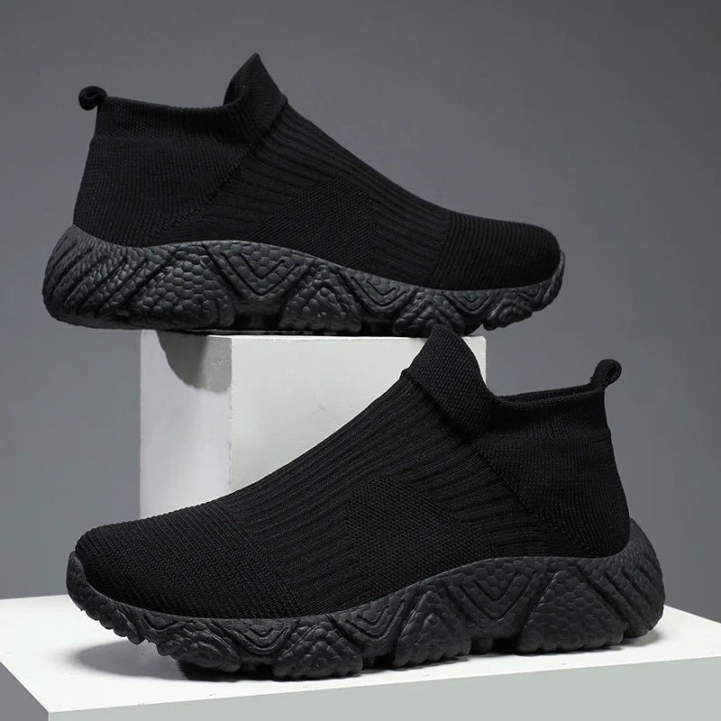 Gebreide instapsneakers voor heren met sokschacht en dikke schuimzool met reliëf - volledig zwart