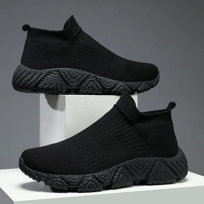 Gebreide instapsneakers voor heren met sokschacht en dikke schuimzool met reliëf - volledig zwart