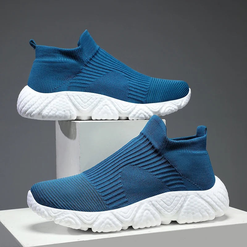 Gebreide instapsneakers voor heren met sokschacht en dikke schuimzool met reliëf - petrolblauw