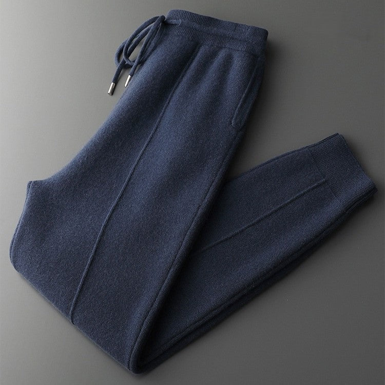 Gebreide joggingbroek voor heren met geribde boorden, tailleband met trekkoord en naad over de voorkant - marineblauw