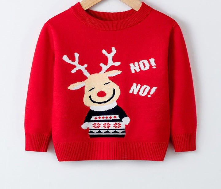 Gebreide kersttrui voor kinderen met kerstmotief op de voorkant - rood met lachend rendier