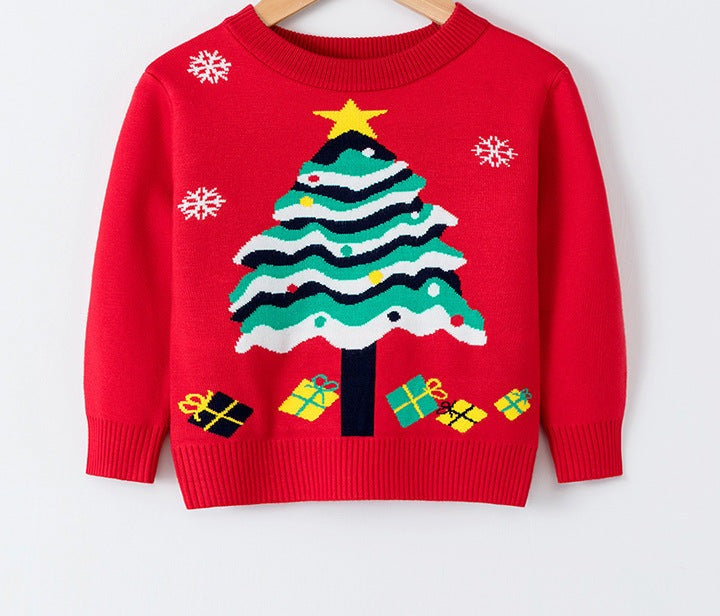 Gebreide kersttrui voor kinderen met kerstmotief op de voorkant - rood met kerstboom
