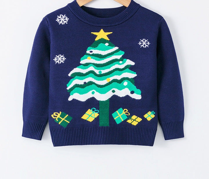 Gebreide kersttrui voor kinderen met kerstmotief op de voorkant - donkerblauw met kerstboom