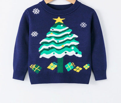 Gebreide kersttrui voor kinderen met kerstmotief op de voorkant - donkerblauw met kerstboom