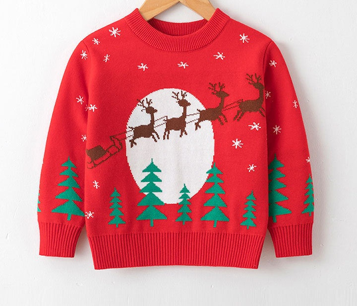 Gebreide kersttrui voor kinderen met kerstmotief op de voorkant - rood met arrenslee