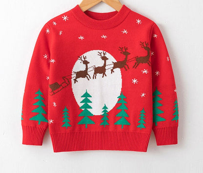 Gebreide kersttrui voor kinderen met kerstmotief op de voorkant - rood met arrenslee