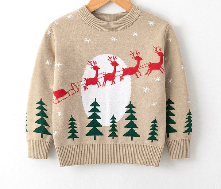 Gebreide kersttrui voor kinderen met kerstmotief op de voorkant - beige met arrenslee