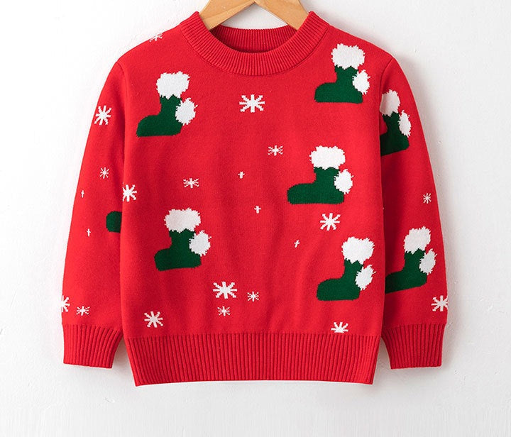 Gebreide kersttrui voor kinderen met kerstmotief op de voorkant - rood met kerstsokken