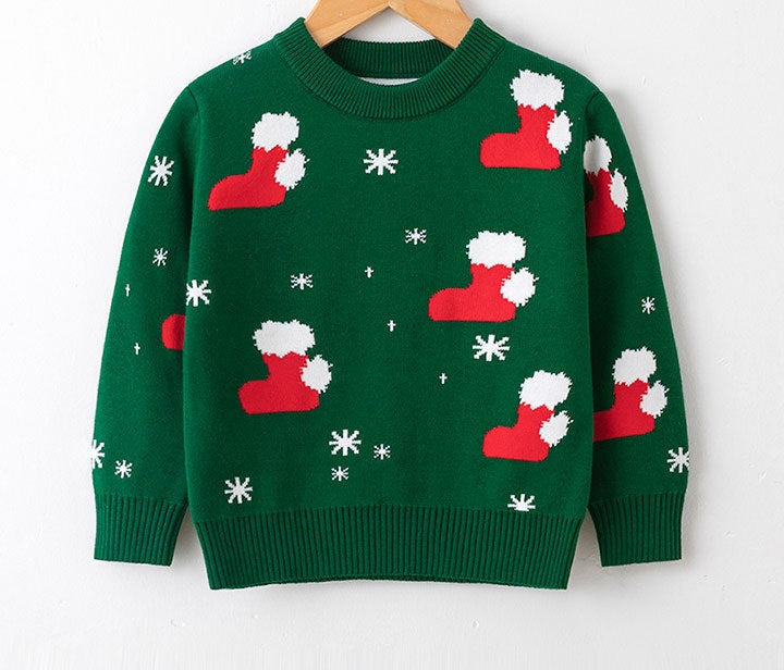Gebreide kersttrui voor kinderen met kerstmotief op de voorkant - groen met kerstsokken