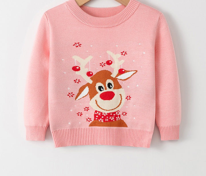 Gebreide kersttrui voor kinderen met kerstmotief op de voorkant - roze met rendier