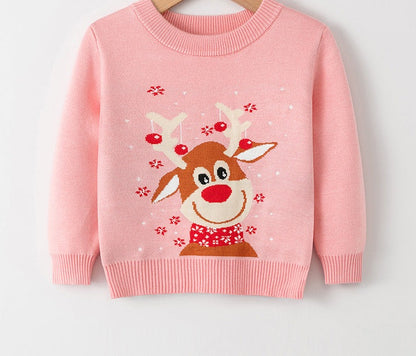 Gebreide kersttrui voor kinderen met kerstmotief op de voorkant - roze met rendier