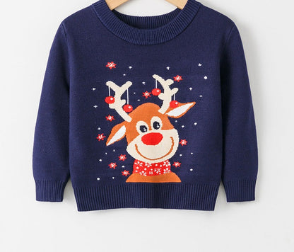 Gebreide kersttrui voor kinderen met kerstmotief op de voorkant - donkerblauw met rendier