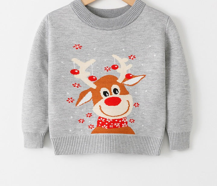 Gebreide kersttrui voor kinderen met kerstmotief op de voorkant - grijs met rendier