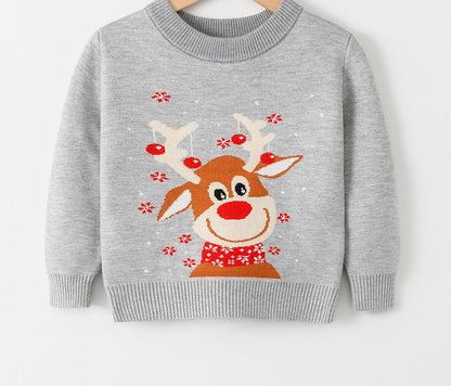 Gebreide kersttrui voor kinderen met kerstmotief op de voorkant - grijs met rendier