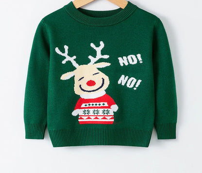 Gebreide kersttrui voor kinderen met kerstmotief op de voorkant - groen met lachend rendier