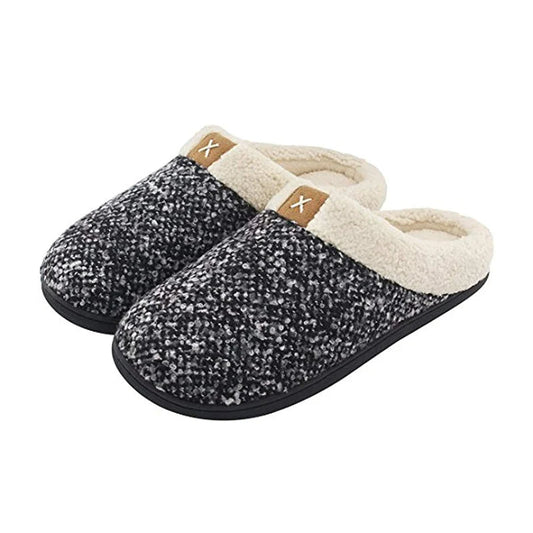Gebreide pantoffels voor heren met teddy kraag, open hiel en rubberen zool - grijs
