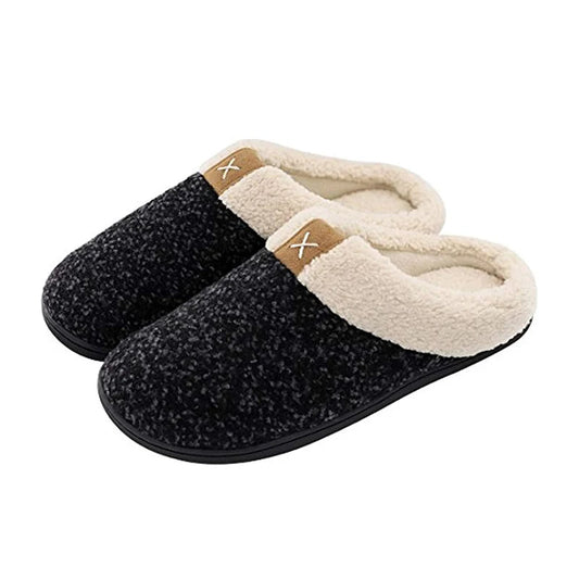 Gebreide pantoffels voor heren met teddy kraag, open hiel en rubberen zool - zwart