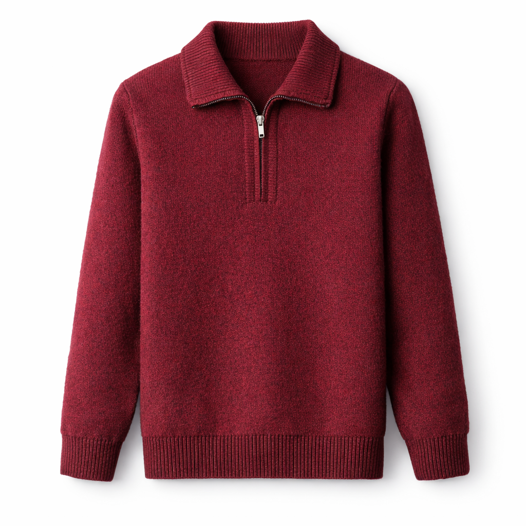 Gebreide quarter-zip herentrui met overhemdkraag en halve rits - wijnrood