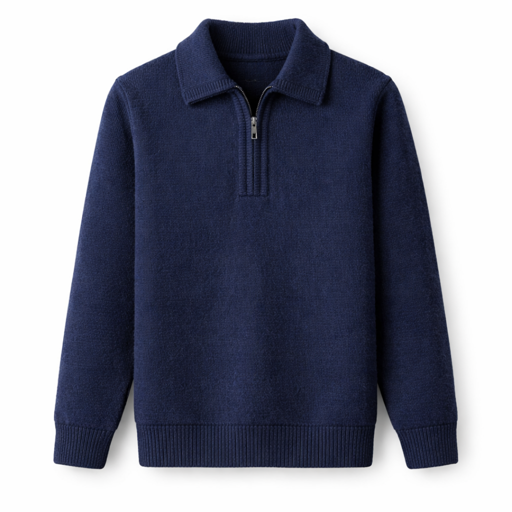 Gebreide quarter-zip herentrui met overhemdkraag en halve rits - marineblauw