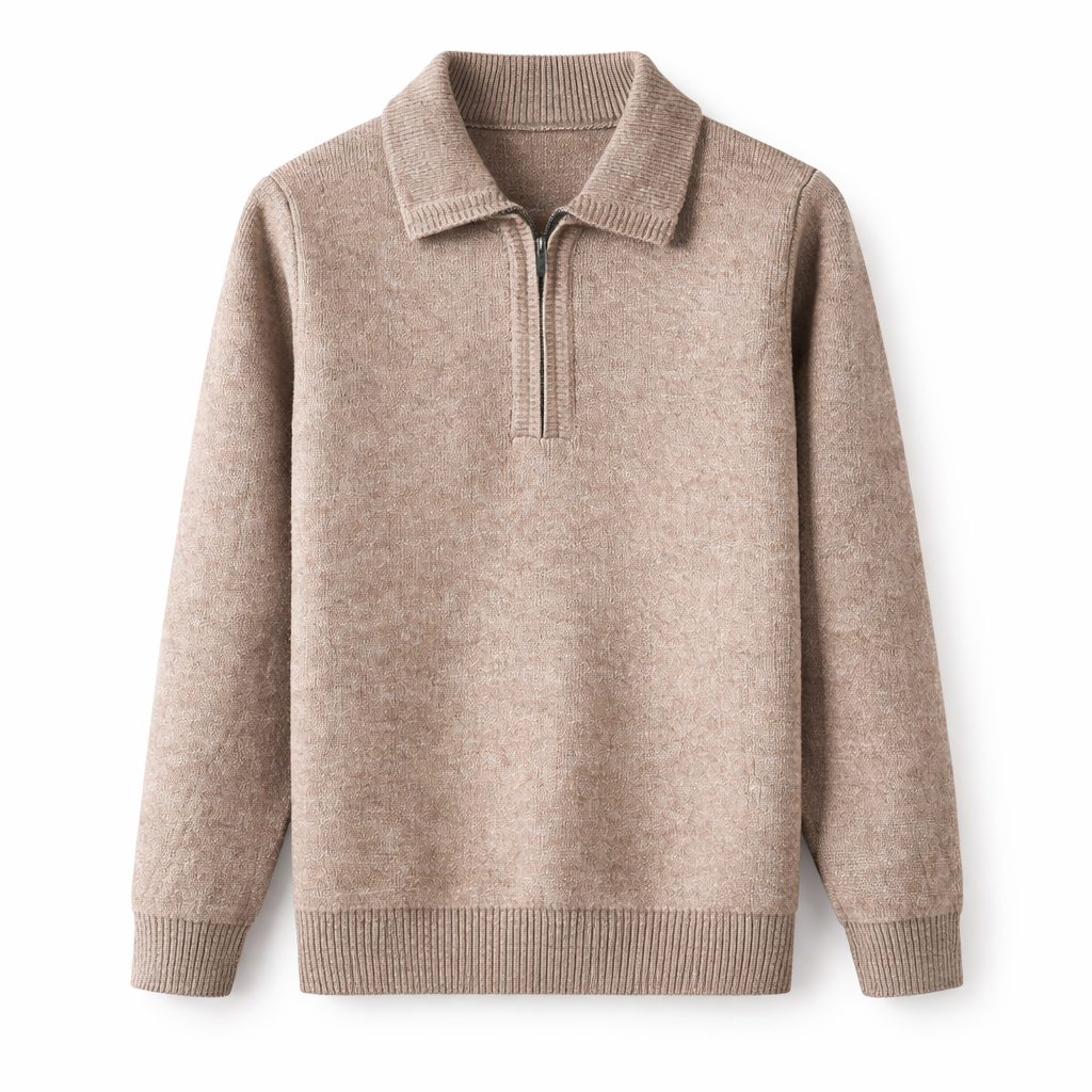 Gebreide quarter-zip herentrui met overhemdkraag en halve rits - beige