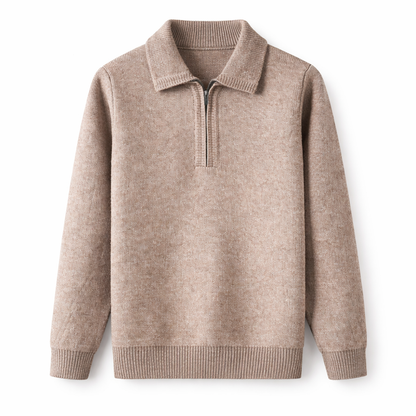 Gebreide quarter-zip herentrui met overhemdkraag en halve rits - beige