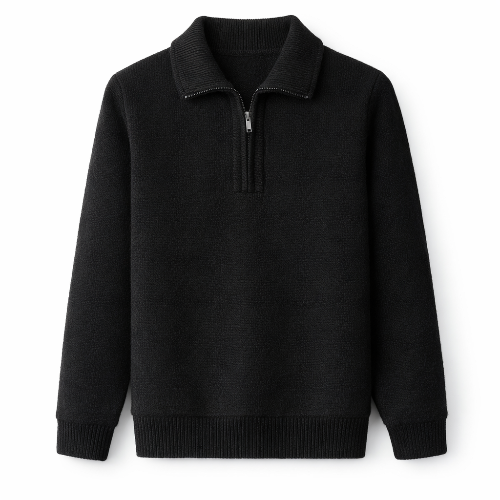 Gebreide quarter-zip herentrui met overhemdkraag en halve rits - zwart