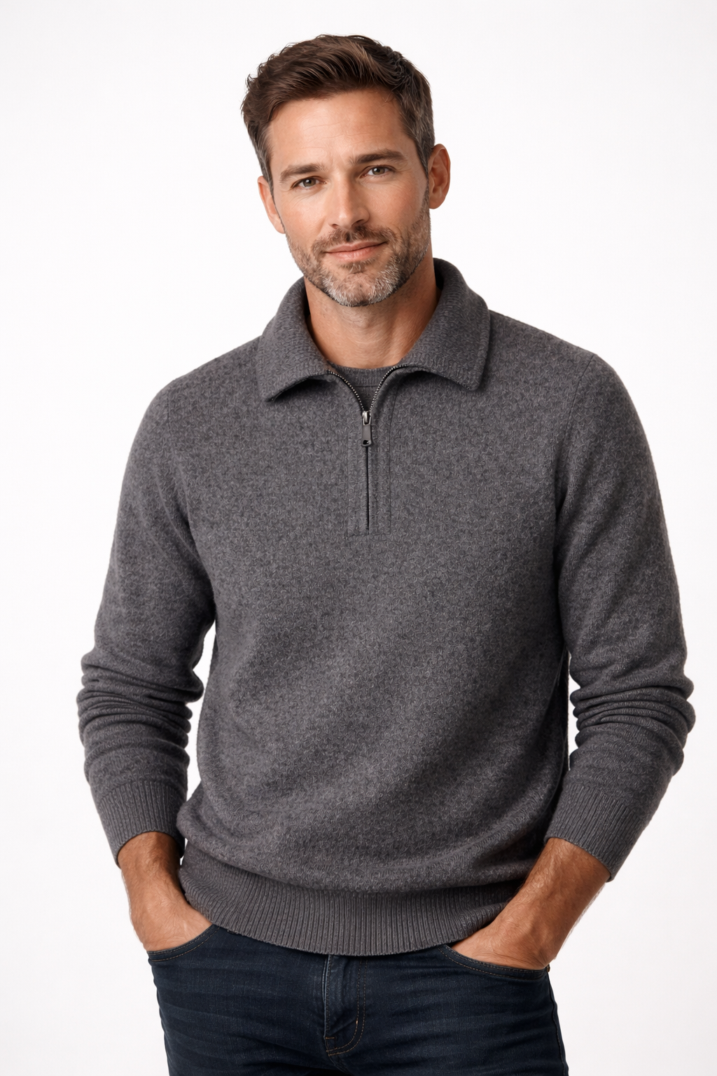 Gebreide quarter-zip herentrui met overhemdkraag en halve rits