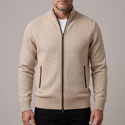 Gemêleerd herenvest met rits en opstaande kraag - beige