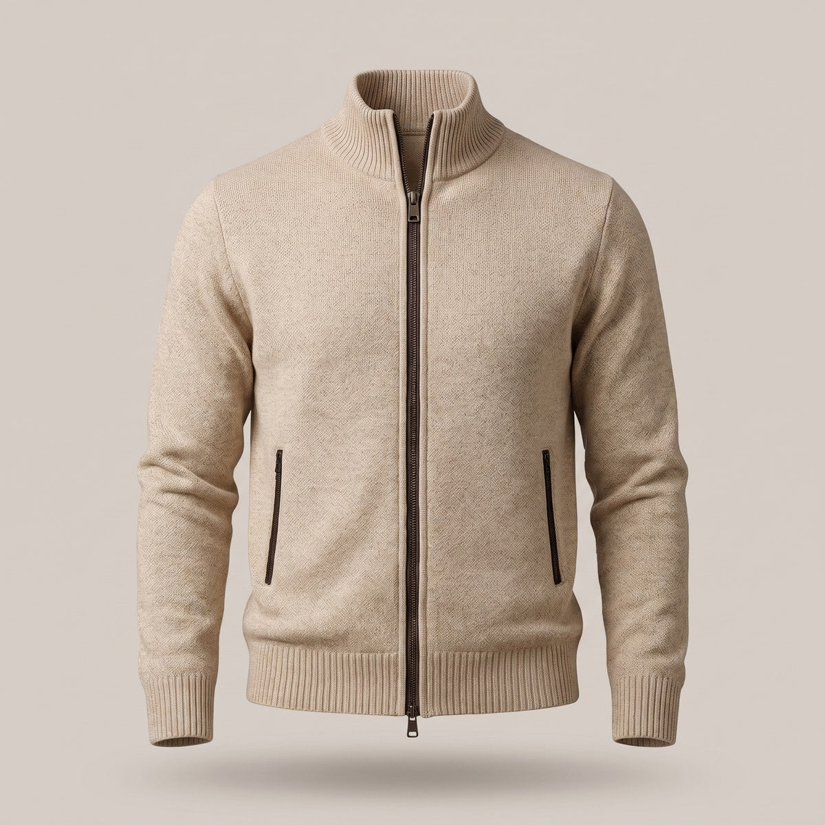 Gemêleerd herenvest met rits en opstaande kraag - beige