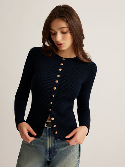 Aansluitend geribd damesvest met ronde hals en goudkleurige knopen - donkerblauw