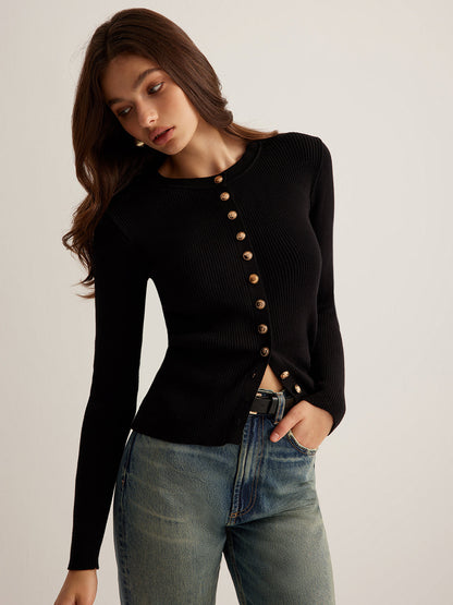 Aansluitend geribd damesvest met ronde hals en goudkleurige knopen