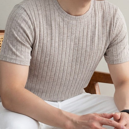 Geribd heren T-shirt met ronde hals en slim fit - taupe