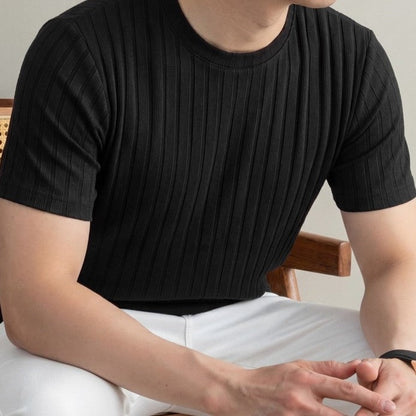 Geribd heren T-shirt met ronde hals en slim fit - zwart