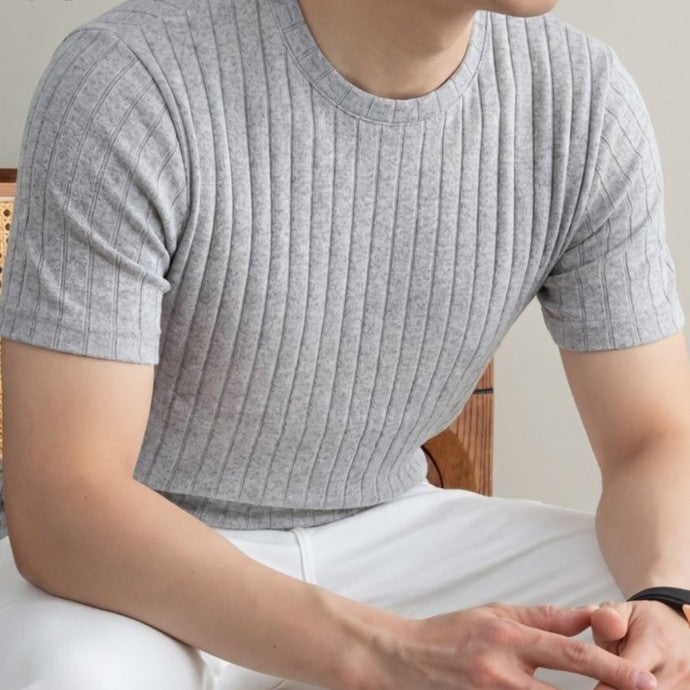 Geribd heren T-shirt met ronde hals en slim fit - lichtgrijs
