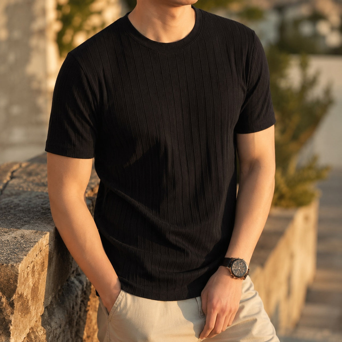 Geribd heren T-shirt met ronde hals en slim fit - beeld 7