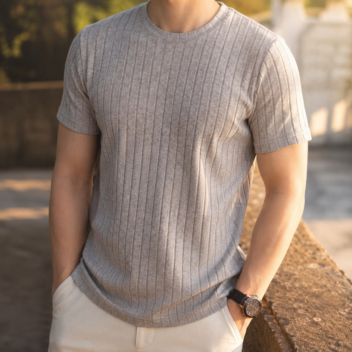 Geribd heren T-shirt met ronde hals en slim fit - beeld 8
