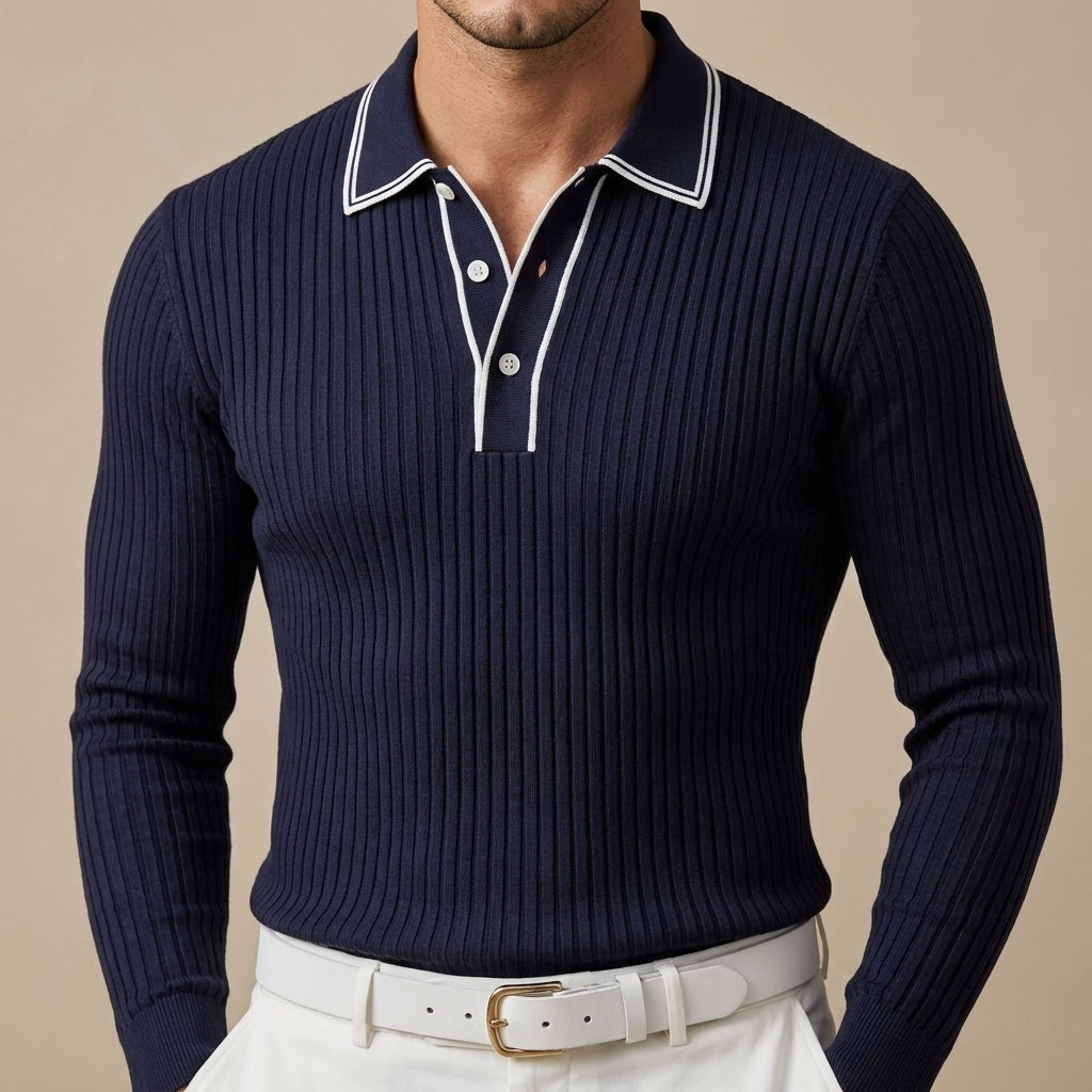 Geribde herenpolo met lange mouwen en contrastbiezen langs kraag en knoopsluiting - marineblauw