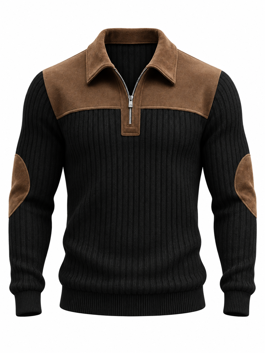 Geribde quarter-zip herentrui met schouderstuk en elleboogstukken in suède look - zwart