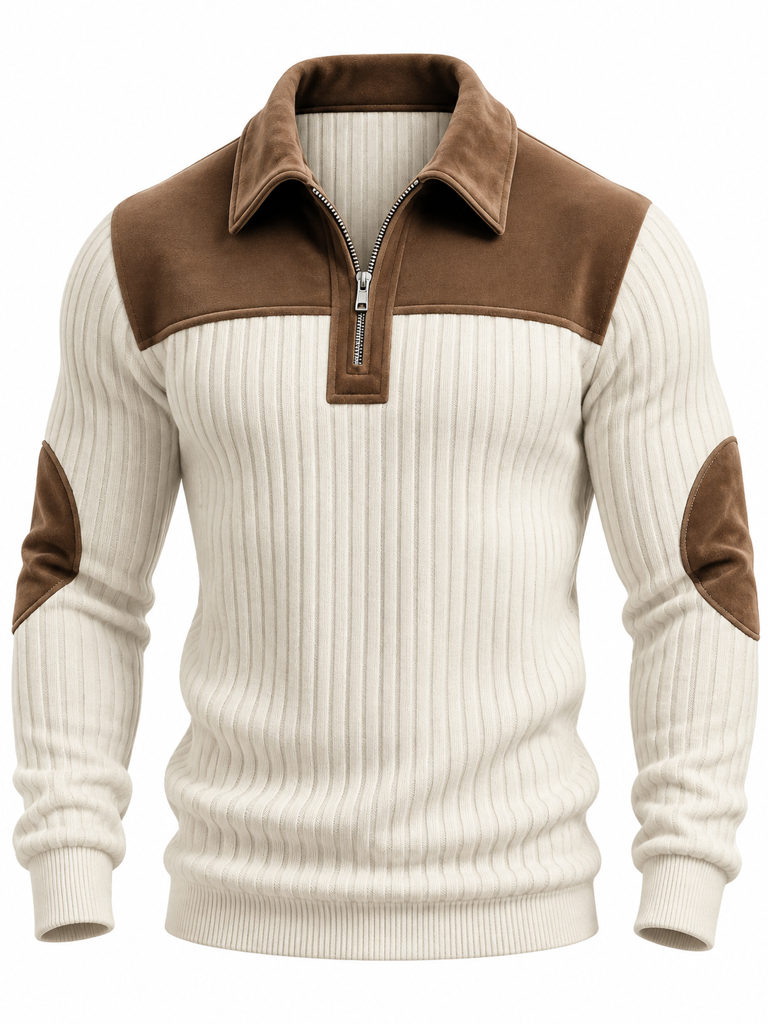 Geribde quarter-zip herentrui met schouderstuk en elleboogstukken in suède look - crème