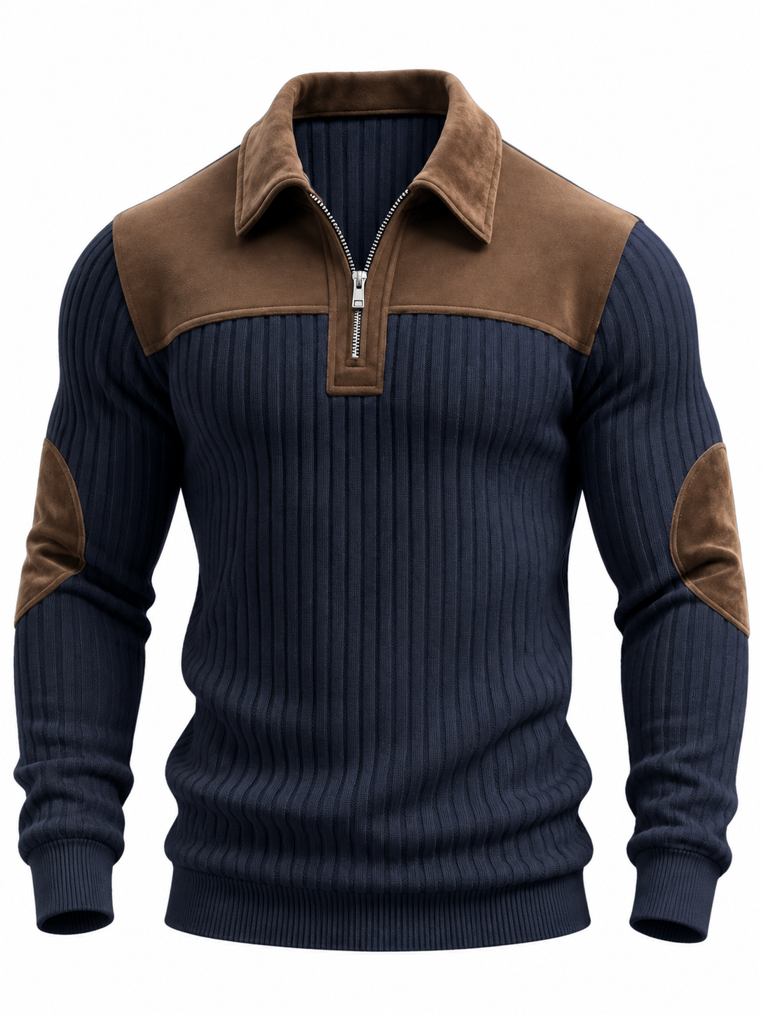 Geribde quarter-zip herentrui met schouderstuk en elleboogstukken in suède look - marineblauw