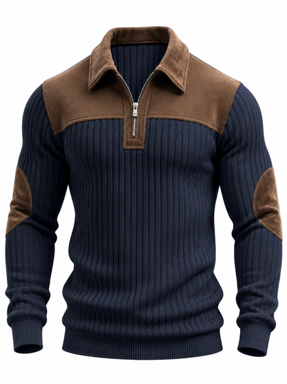 Geribde quarter-zip herentrui met schouderstuk en elleboogstukken in suède look - marineblauw