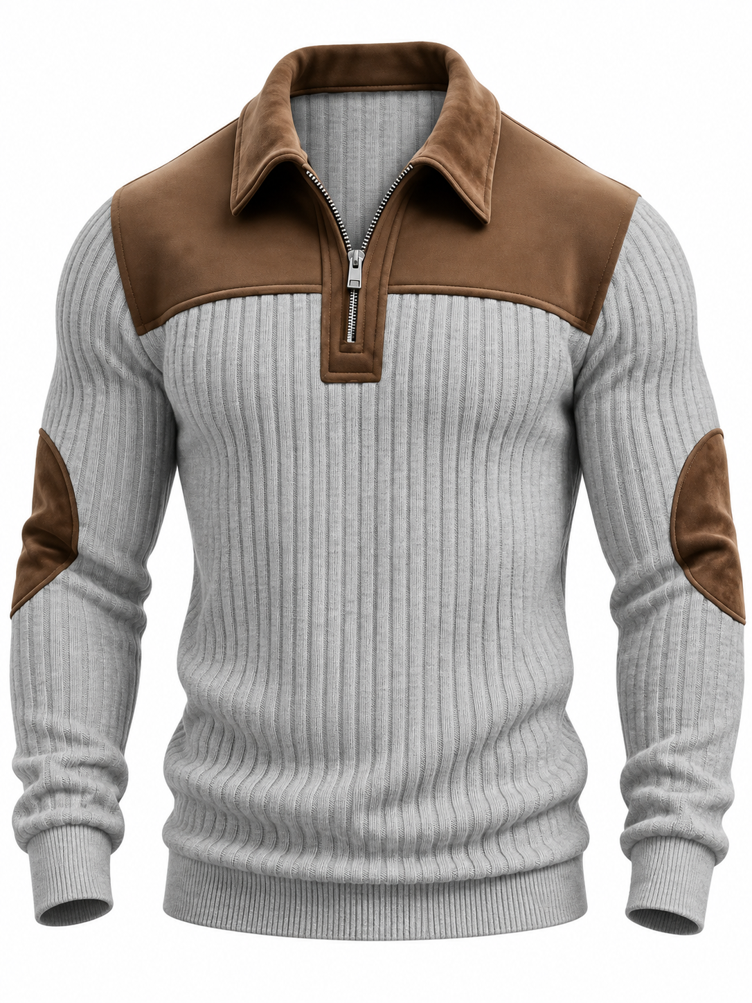 Geribde quarter-zip herentrui met schouderstuk en elleboogstukken in suède look - lichtgrijs