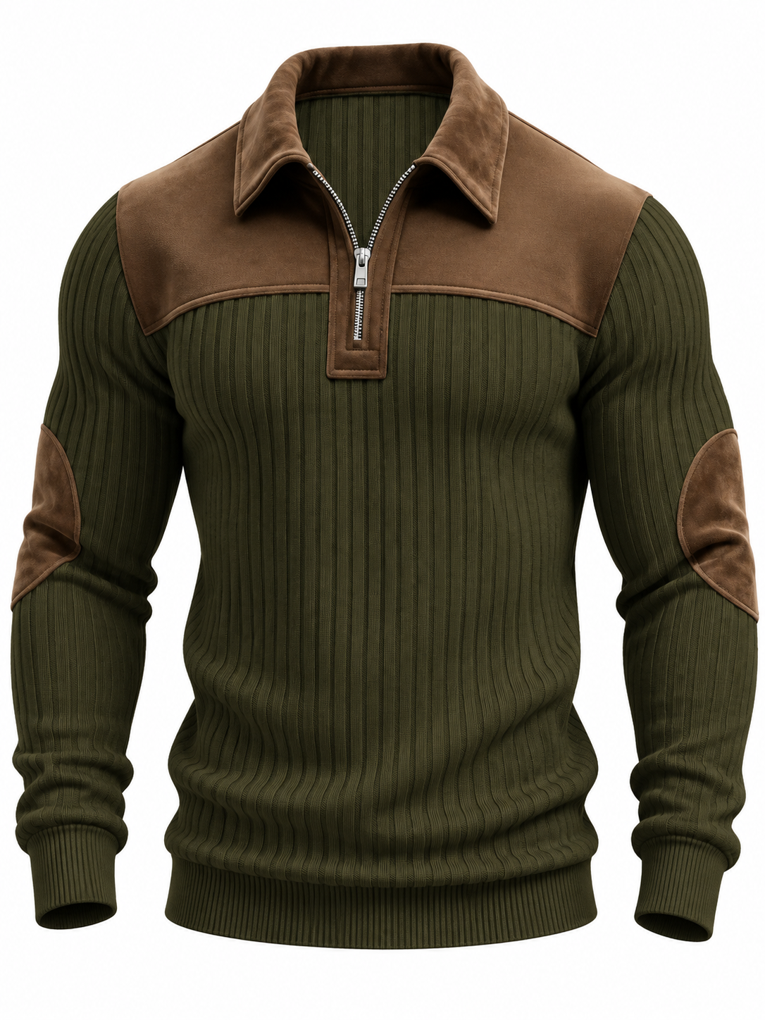 Geribde quarter-zip herentrui met schouderstuk en elleboogstukken in suède look - olijfgroen