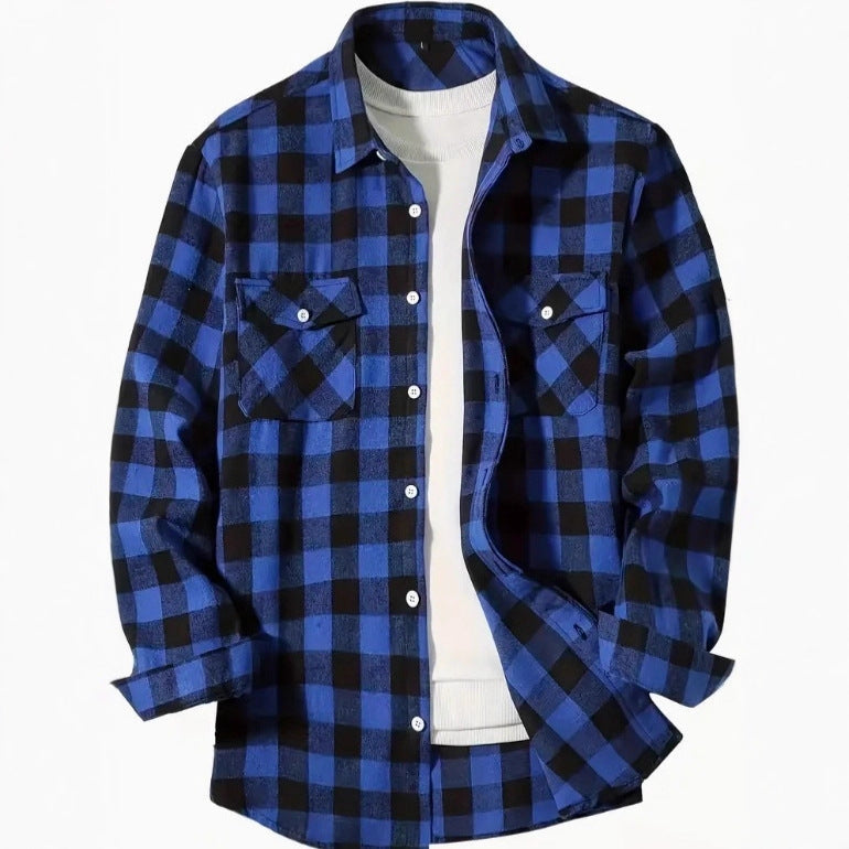 Geruit overshirt voor heren met blokruit en twee borstzakken - blauw/zwart