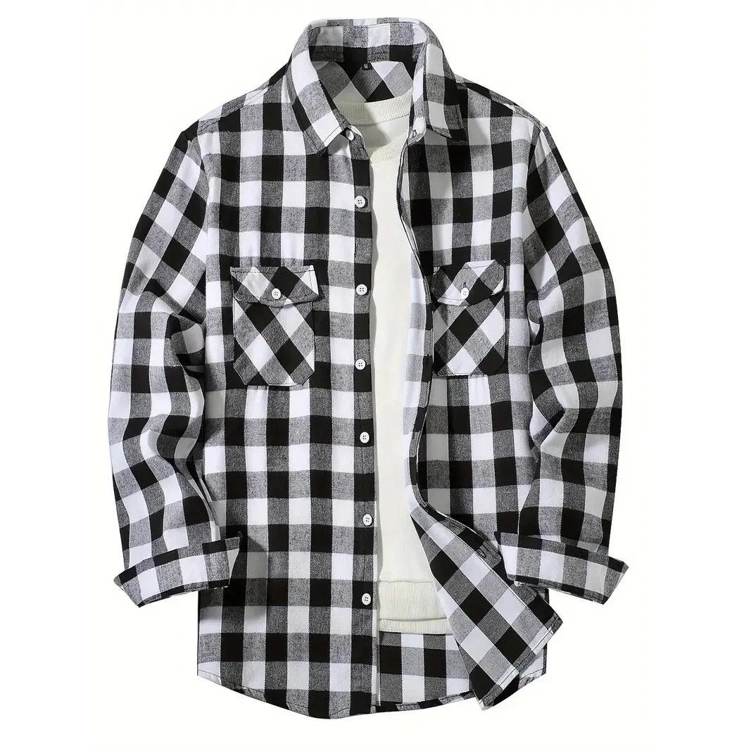 Geruit overshirt voor heren met blokruit en twee borstzakken - zwart/wit